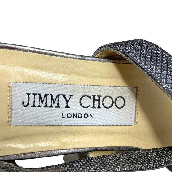 JIMMY CHOO Chiara Anthracite‎ Leather Glitter Demi Wedge Sandals - Picture 5 of 10